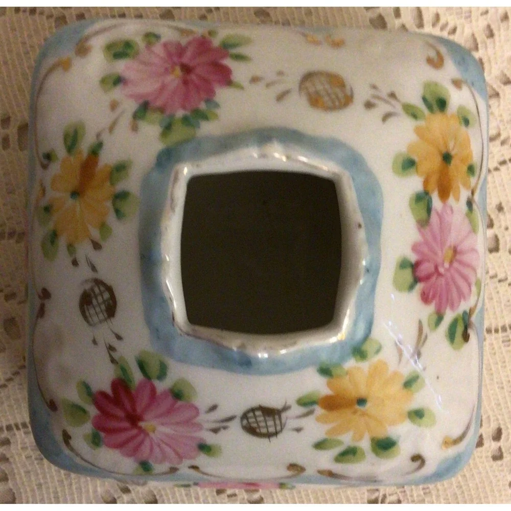 Vintage Hand-Painted Floral Porcelain Hair Receiver or TrinketBox